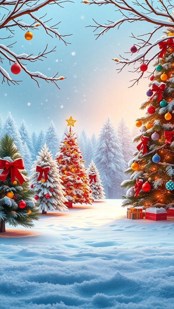 A cheerful Christmas background mockup with snowflakes, Christmas trees, and ornaments, ideal for holiday design presentations.